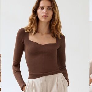 Aritzia Wilfred Brown Ribbed Long-Sleeve Top